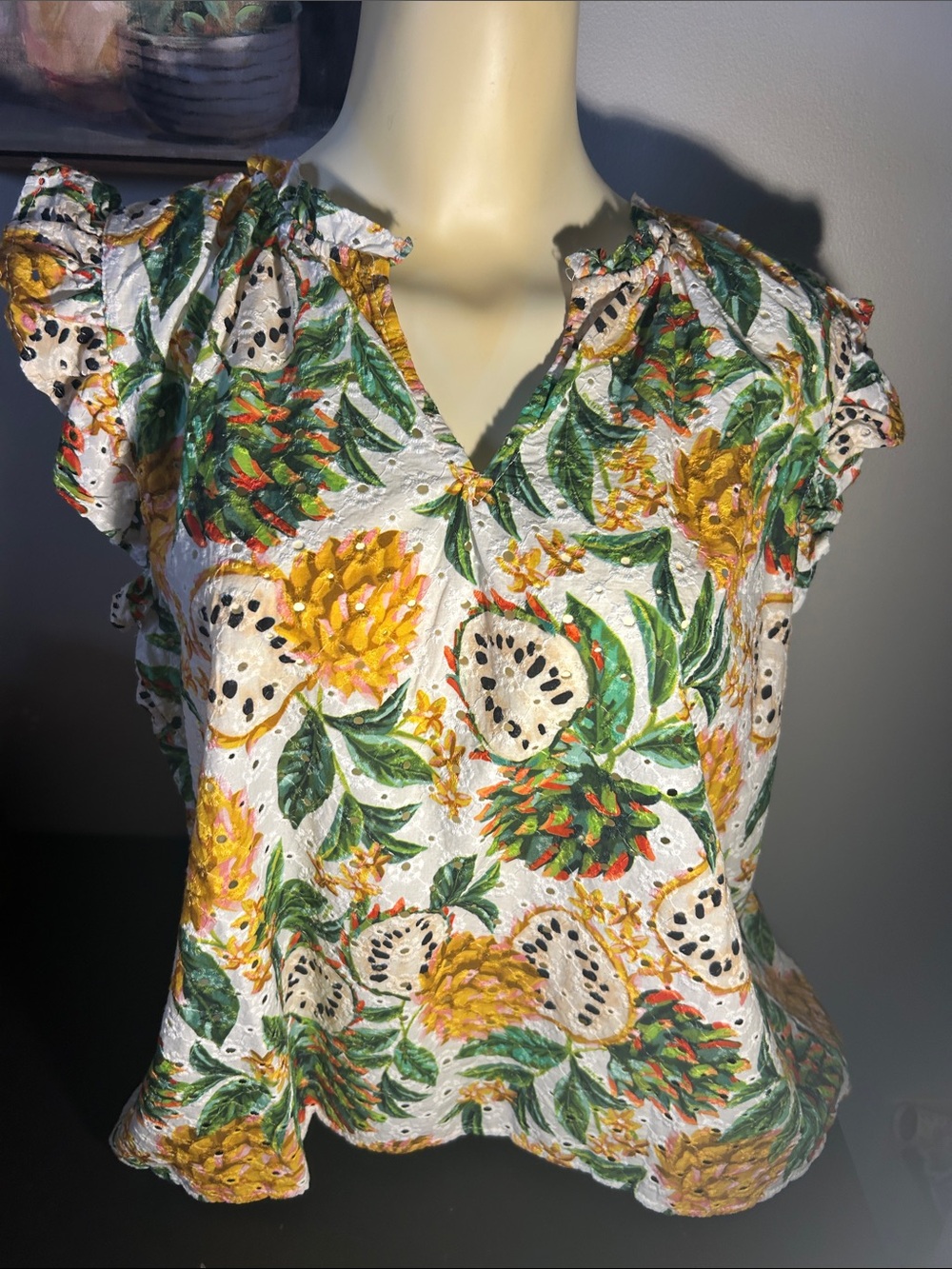 Philosophy Tropical Floral Eyelet Ruffle Sleeve Top - White, Yellow, Green